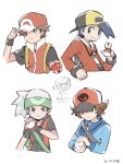  5boys arrow_(symbol) backwards_hat baseball_cap beanie blue_jacket brendan_(pokemon) brown_eyes brown_hair closed_mouth commentary_request dated ethan_(pokemon) fingerless_gloves frown gloves grey_eyes gu_1156 hand_on_headwear hand_up hat highres hilbert_(pokemon) holding holding_poke_ball jacket long_sleeves looking_down lucas_(pokemon) multiple_boys orange_gloves poke_ball poke_ball_(basic) pokemon pokemon_(game) pokemon_bw pokemon_dppt pokemon_emerald pokemon_frlg pokemon_hgss pokemon_rse premier_ball red_(pokemon) red_headwear red_jacket shirt short_hair spiked_hair translation_request white_headwear wristband zipper_pull_tab 