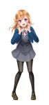  1girl :d absurdres bangs black_legwear blonde_hair blue_jacket blush brown_footwear collared_shirt cropped_jacket dress dress_shirt full_body grey_dress hair_between_eyes highres jacket loafers long_hair long_sleeves looking_at_viewer love_live! love_live!_superstar!! neck_ribbon open_clothes open_jacket pantyhose pinafore_dress purple_eyes red_ribbon ribbon school_uniform shibuya_kanon shiny shiny_hair shirt shoes short_dress simple_background smile solo standing takochan77 white_background white_shirt wing_collar yuigaoka_school_uniform 