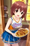  1girl ahoge alternative_girls bare_arms brown_eyes brown_hair cheerleader eyebrows_visible_through_hair food highres holding holding_plate indoors looking_at_viewer official_art open_mouth plate shirt short_hair skirt smile solo window yuuki_miyaka 