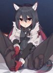  1girl 3: animal_ear_fluff animal_ears arknights bangs black_hair black_legwear black_shirt blush breasts brown_eyes closed_mouth colored_inner_hair commentary_request covered_navel ddt_(darktrident) eyebrows_visible_through_hair feet gloves grey_jacket hair_between_eyes highres jacket jewelry long_hair long_sleeves looking_at_viewer medium_breasts mouth_hold multicolored_hair necklace no_pants no_shoes official_alternate_costume open_clothes open_jacket panties panties_under_pantyhose pantyhose red_gloves red_hair shirt shoulder_strap sitting soles solo spread_legs tail texas_(arknights) texas_(winter_messenger)_(arknights) thighband_pantyhose toes two-tone_hair underwear very_long_hair wolf_ears wolf_girl wolf_tail 