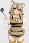  1girl absurdres animal_ears apron blonde_hair blush bow bowtie brown_eyes collared_shirt empty_eyes extra_ears eyebrows_visible_through_hair hair_between_eyes highres holding holding_ladle kemono_friends ladle leaning_forward long_sleeves looking_at_viewer multicolored_hair open_mouth shimosami shirt short_hair striped striped_apron thighhighs thylacine_(kemono_friends) translation_request white_hair white_shirt 