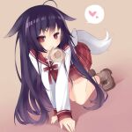  1girl all_fours animal_ears blush commentary_request copyright_request eyebrows_visible_through_hair food full_body heart long_hair looking_at_viewer purple_hair red_eyes saru school_uniform serafuku skirt solo spoken_heart tail 