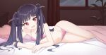  absurdres bed black_hair blue_archive breasts collarbone commentary fuuka_(blue_archive) highres horns long_hair looking_at_viewer lying navel on_side open_mouth panties pillow red_eyes ribbonsnek small_breasts twintails underwear window 