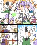  5boys animal_ears blonde_hair bonk defeat hat katana konpaku_youmu koyama_shigeru multiple_boys multiple_girls nurse_cap purple_hair rabbit_ears reisen_udongein_inaba seiza siblings sisters sitting snot star_(symbol) sword table touhou toy_sword translation_request watatsuki_no_toyohime watatsuki_no_yorihime weapon white_hair yagokoro_eirin younger 