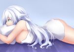  1girl black_heart blue_eyes breasts eyebrows_visible_through_hair highres katade long_hair looking_at_viewer lying medium_breasts neptune_(series) on_bed on_stomach power_symbol solo symbol-shaped_pupils towel very_long_hair white_hair 