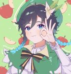  1boy androgynous apple apple_slice bangs beret black_hair blue_hair blush bow braid closed_mouth collared_cape collared_shirt commentary english_commentary flower food frilled_sleeves frills fruit genshin_impact gradient_hair green_background green_eyes green_headwear hair_flower hair_ornament hand_on_own_cheek hand_on_own_face hat highres kkopoli leaf long_sleeves looking_at_viewer male_focus multicolored_hair shirt short_hair_with_long_locks side_braids sidelocks solo twin_braids venti_(genshin_impact) white_flower white_shirt 