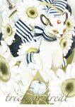  blurry closed_mouth commentary_request eyelashes fangs fangs_out flower highres jijineko no_humans persian pokemon pokemon_(creature) red_eyes ribbon trick_or_treat white_flower 