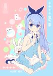  1girl alice_(alice_in_wonderland) alice_(alice_in_wonderland)_(cosplay) alice_in_wonderland blue_bow blue_eyes blue_footwear blue_hair blue_hairband blue_ribbon blue_skirt blue_vest bow bow_hairband bunny card character_name closed_mouth cosplay gochuumon_wa_usagi_desu_ka? hair_bow hairband highres holding holding_card kafuu_chino kneehighs long_hair mary_janes miniskirt neck_ribbon nozo.me ribbon shiny shiny_hair shirt shoes skirt sleeveless sleeveless_shirt smile solo straight_hair striped striped_ribbon striped_shirt striped_skirt vertical-striped_shirt vertical-striped_skirt vertical_stripes vest white_legwear 