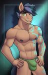  anthro blue_glow clothing equid equine fcsimba green_clothing green_eyes green_underwear hi_res horse humanoid male mammal muscular nipples pony solo tatto tida underwear 