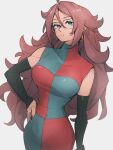  1girl android_21 blue_eyes breasts checkered_clothes checkered_dress dragon_ball dragon_ball_fighterz dress earrings glasses grey_background hair_between_eyes hand_on_hip hoop_earrings jewelry kemachiku large_breasts long_hair looking_at_viewer parted_lips red_hair simple_background solo 