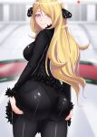  1girl ass ass_support black_pants black_shirt blonde_hair blurry blurry_background breasts closed_mouth commentary cowboy_shot cynthia_(pokemon) fur-trimmed_sleeves fur_trim grey_eyes hair_ornament highres long_sleeves looking_at_viewer looking_back medium_breasts o22no pants pantylines patreon_logo patreon_username plump pokemon reward_available shiny shiny_clothes shirt smile solo standing web_address 