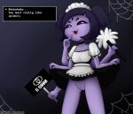  :3 absurd_res anthro arachnid arthropod bottomless bottomwear clothed clothing clothing_lift fangs female genitals hi_res looking_at_viewer maid_uniform muffet multi_arm multi_eye multi_limb open_mouth open_smile pussy rsinnamonroll skirt skirt_lift smile solo spider undertale undertale_(series) uniform video_games 