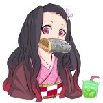  1girl black_hair burrito checkered_obi cup disposable_cup drinking_straw food food_focus food_in_mouth gradient_hair highres ice ice_cube japanese_clothes kamado_nezuko kimetsu_no_yaiba kimono l34str0 long_hair looking_at_viewer mouth_hold multicolored_hair pink_eyes pink_kimono pink_ribbon ribbon simple_background solo upper_body white_background 