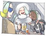  2boys 2girls ahoge alcohol allister_(pokemon) bangs beer black-framed_eyewear black_hair blue-tinted_eyewear blush border breast_grab breasts brown_hair brown_jacket cardigan closed_eyes collared_shirt commentary_request eyelashes glass gloria_(pokemon) gordie_(pokemon) grabbing green_headwear grey_cardigan hat headpat highres holding jacket long_hair long_sleeves mask melony_(pokemon) multicolored_hair multiple_boys multiple_girls pokemon pokemon_(game) pokemon_swsh scarf shirt short_hair sunglasses tam_o&#039;_shanter tinted_eyewear tirarizun translation_request two-tone_hair white_border white_headwear white_scarf 