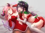  2girls ass black_hair braco breasts brown_eyes candy candy_cane cleavage closed_mouth clothing_cutout eating elbow_gloves eyebrows_visible_through_hair food gloves gradient_hair heart heart-shaped_pupils highres hina_misora kurari_rose large_breasts lips long_hair looking_at_viewer multicolored_hair multiple_girls navel navel_cutout one_eye_closed open_mouth over-kneehighs pantyhose pink_eyes pink_hair purple_hair red_eyes santa_costume symbol-shaped_pupils thighhighs twintails virtual_youtuber wactor_production white_gloves white_legwear 