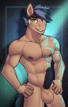  anthro blue_glow ears_up equid equine fcsimba green_eyes hi_res horse male mammal muscular nipples pony solo tatto tida 