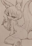  1other animal_ear_fluff animal_ears ass commentary_request completely_nude furry furry_female heart highres looking_at_viewer made_in_abyss medium_hair mitsuba-sama_(milkba-ng) monochrome nanachi_(made_in_abyss) naughty_face nude open_mouth short_hair smile solo sweat tail traditional_media 