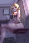  1girl absurdres analog_clock azur_lane bare_legs bismarck_(azur_lane) black_bag black_bra black_panties blonde_hair bra breasts clock closed_mouth crossed_legs cup feet_out_of_frame filin from_side hair_between_eyes highres indoors large_breasts legs long_hair looking_at_viewer looking_to_the_side navel panties signature sitting solo steam thighs underwear underwear_only 