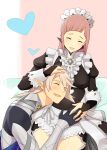  1boy 1girl absurdres apron armor bangs black_dress black_gloves blush breasts bridal_gauntlets brooch center_frills closed_eyes commentary commission corrin_(fire_emblem) corrin_(fire_emblem)_(male) couple dress english_commentary felicia_(fire_emblem) fingernails fire_emblem fire_emblem_fates frills gloves grey_hair hair_between_eyes hand_on_another&#039;s_head heart hetero highres holding_hands hug igni_tion jewelry large_breasts long_hair long_sleeves maid maid_headdress md5_mismatch open_mouth pink_hair pointy_ears pregnant resolution_mismatch ring short_hair sidelocks sitting smile source_smaller thighs upper_body waist_apron wedding_ring white_apron 