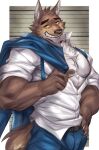  2021 5_fingers abs anthro belt blue_bottomwear blue_clothing blue_pants bottomwear brown_body brown_fur canid canine canis clothing coat dreamworks fingers fur hi_res humanoid_hands inner_ear_fluff male mammal mr._wolf_(the_bad_guys) multicolored_body multicolored_fur muscular muscular_anthro muscular_male pants pecs police_lineup rabbity shirt solo station the_bad_guys topwear tuft two_tone_body two_tone_fur unbuttoned_shirt white_body white_clothing white_fur white_shirt white_topwear wolf yellow_sclera 