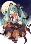  1girl absurdres animal_ears bag bat black_skirt blue_eyes blue_hair blurry blurry_foreground bow bowtie candy cat_ears chinese_commentary collared_shirt commentary_request cropped_legs fake_animal_ears fang food hair_ornament hairclip halloween hands_up hatsune_miku highres hua_ben_wuming long_hair looking_at_viewer moon open_mouth orange_skirt petticoat puffy_short_sleeves puffy_sleeves purple_bow purple_bowtie shirt short_sleeves silhouette skin_fang skirt sky solo star_(sky) starry_sky striped striped_legwear thighhighs twintails twitter_username two-sided_fabric two-sided_skirt vocaloid white_shirt wrist_cuffs 