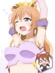  2girls armpits blush_stickers bracelet breasts brown_hair butterfly_(love_live!) commentary crown earrings highres jewelry konoe_haruka konoe_kanata large_breasts long_hair love_live! love_live!_nijigasaki_high_school_idol_club midriff multiple_girls navel one_eye_closed orange_hair pokehikaxyz purple_eyes siblings sisters twintails upper_body yawning 