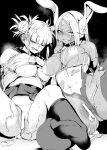  2girls animal_ears arms_behind_back ass bangs bare_shoulders blunt_bangs blush boku_no_hero_academia bound bound_arms breasts clothing_aside cum cumdrip dark-skinned_female dark_skin delta_9 double_bun fang greyscale grin highres kneehighs long_hair looking_at_viewer mirko monochrome multiple_girls nipples open_mouth panties panties_aside pussy rabbit_ears school_uniform serafuku smile spread_legs teeth thighhighs toga_himiko torn_clothes underwear 