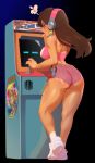  1girl absurdres anger_vein arcade_cabinet ass back bandaid bandaid_on_ass brown_hair combos_&amp;_doodles crop_top donkey_kong donkey_kong_(game) earrings eyeshadow from_behind gold_earrings headphones highres jewelry lipstick long_hair makeup mario mario_(series) pauline_(mario) red_lips shoes short_shorts shorts sneakers solo spoken_anger_vein walkman 