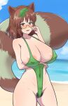  1girl :d animal_ears areola_slip areolae arms_under_breasts bangs beach blue_sky blush breasts brown_eyes brown_hair cleavage cloud cloudy_sky covered_nipples female_pubic_hair futatsuiwa_mamizou glasses green_swimsuit highres leaf leaf_on_head looking_at_viewer nek3124 one-piece_swimsuit open_mouth outdoors pubic_hair raccoon_ears raccoon_girl sand short_hair sky smile solo swimsuit touhou water 