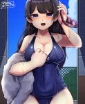  1girl :d absurdres bangs black_hair blue_swimsuit blunt_bangs breasts cleavage goggles goggles_removed hair_ornament hairclip hatyuuruinohito highres long_hair looking_at_viewer nijisanji one-piece_swimsuit purple_eyes school_swimsuit smile solo swimsuit symbol-shaped_pupils tongue towel tsukino_mito virtual_youtuber wet 