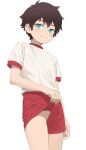  1boy bandages black_hair blue_eyes closed_mouth clothes_lift commentary highres looking_at_viewer luye_yuan male_focus original red_shorts shaved_body shirt shorts simple_background solo white_background white_shirt 