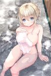  1girl amanagi_seiji bath bathing blonde_hair blue_eyes breasts cleavage covering eyebrows_visible_through_hair highres large_breasts naked_towel nude_cover onsen original partially_submerged rock soaking_feet steam towel wet 