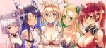  5girls ahoge bare_shoulders blonde_hair blue_eyes blue_hair blush breasts choker cleavage double_bun flat_chest green_eyes grin hair_intakes hair_ornament hairband haku_(p&amp;d) head_fins highres horns jewelry jitome karin_(p&amp;d) large_breasts leilan_(p&amp;d) light_purple_hair looking_at_viewer medium_breasts meimei_(p&amp;d) multicolored_hair multiple_girls necklace one_eye_closed open_mouth puzzle_&amp;_dragons red_hair ribs sakuya_(p&amp;d) short_hair side_ponytail smile smirk streaked_hair upper_body yellow_eyes yohane 