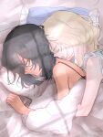  100zi 2girls andou_(girls_und_panzer) bare_arms black_hair blonde_hair closed_eyes dark-skinned_female dark_skin from_above girls_und_panzer highres hug hug_from_behind light_particles medium_hair multiple_girls open_mouth oshida_(girls_und_panzer) pillow shade sleeping sunlight under_covers upper_body yuri 