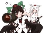  2girls bird_wings black_skirt blush bow cheek_poking cosplay hat head_tilt highres inubashiri_momiji long_hair multiple_girls one_eye_closed poking puffy_sleeves red_eyes reiuji_utsuho rocket_launcher shameimaru_aya skirt smile tokin_hat touhou tripod weapon wings yenyen 