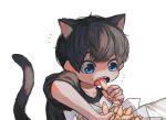  1boy absurdres animal_ears bangs black_hair blue_eyes blush borrowed_character cat_boy cat_ears cat_tail commentary_request cracker eating fatalbug896 fish food highres holding holding_food looking_at_food male_focus no_nose open_mouth original short_hair short_sleeves simple_background solo sparkling_eyes tail upper_body white_background 