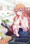  1girl bag breasts collarbone cream_(nipakupa) eyebrows_visible_through_hair food konoe_kanata large_breasts long_hair love_live! love_live!_nijigasaki_high_school_idol_club price_tag purple_eyes shopping_cart shoulder_bag solo supermarket vegetable 