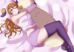  1girl absurdres animal_costume bangs birthday breasts commentary highres konoe_kanata large_breasts long_hair love_live! love_live!_nijigasaki_high_school_idol_club lying midriff navel object_hug on_side one_eye_closed orange_hair pukonuu purple_eyes purple_legwear sheep_costume solo stuffed_animal stuffed_sheep stuffed_toy thighhighs 