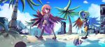  2girls ahoge animal_ears bag bangs beach bird_ears bird_legs black_eyes black_shorts blue_feathers blue_wings braid brown_eyes brown_skirt brown_tank_top cloud coco_(eogks) coconut green_hair harpy highres jogging long_hair looking_at_another mako_(eogks) midriff monster_girl multiple_girls navel nn_(eogks) open_mouth orange_feathers orange_hair orange_wings original palm_tree plant red_feathers red_wings satchel seashell shell short_hair shorts siblings sisters skirt sky talons tank_top tree two-tone_wings very_long_hair water winged_arms wings 