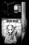  1girl :3 bangs beret blood blood_on_weapon cardigan cleaver empty_eyes eyebrows_visible_through_hair greyscale hat hatyuuruinohito holding holding_weapon looking_at_viewer medium_hair monochrome nijisanji open_mouth pedestrian_lights solo suzuhara_lulu virtual_youtuber weapon 