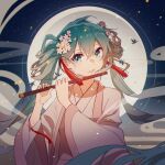  1girl bird blue_eyes blue_hair chinese_commentary chuushuu_meigetsu_miku commentary_request flute hands_up hatsune_miku highres hua_ben_wuming instrument japanese_clothes kimono long_hair looking_at_viewer moon music parted_lips pink_kimono playing_instrument sky smoke solo star_(sky) starry_sky twintails upper_body vocaloid 