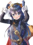  1girl animal_ears arms_up belt blue_eyes blue_gloves blue_hair blush cape embarrassed eyebrows_visible_through_hair fingerless_gloves fire_emblem fire_emblem_awakening gloves hair_between_eyes highres long_hair long_sleeves looking_at_viewer lucina_(fire_emblem) mario_(series) open_mouth orodji_(shinorozi) raccoon_ears raccoon_tail solo super_smash_bros. tail tiara upper_body white_background wrist_cuffs 