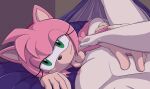  2021 amy_rose anthro balls bed breasts cuddling duo embrace eulipotyphlan female first_person_view fur furniture genitals green_eyes hedgehog human looking_at_viewer male male/female mammal nipples nude on_bed penis pink_body pink_fur sega size_difference sonic_the_hedgehog_(series) thejestermime 