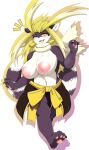  anthro blonde_hair blush breasts clothed clothing cyberconnect2 drecom female full_bokko_heroes fur hair hi_res mellonsoda nipples one_eye_closed open_mouth open_smile partially_clothed purple_body purple_fur simple_background smile solo teeth tongue tongue_out video_games white_body white_fur yellow_eyes 