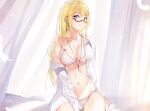  1girl azur_lane bangs blonde_hair blue_eyes bra breasts cleavage closed_mouth collarbone collared_shirt commentary_request curtains dated dress_shirt eyebrows_visible_through_hair glasses hair_between_eyes highres jeanne_d&#039;arc_(azur_lane) long_hair long_sleeves looking_at_viewer maya_g medium_breasts navel off_shoulder open_clothes open_shirt panties plaid plaid_bra plaid_panties red-framed_eyewear semi-rimless_eyewear shirt signature sitting skindentation smile solo under-rim_eyewear underwear very_long_hair white_shirt 