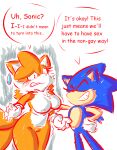  2_tails anthro blue_body bodily_fluids canid canine duo elpizo_(artist) english_text eulipotyphlan female fox fur gender_transformation genitals hedgehog hi_res male mammal miles_prower multi_tail nipples outline pussy red_outline sega shaking_breasts shaking_hips sonic_the_hedgehog sonic_the_hedgehog_(series) speech_bubble sweat sweatdrop tan_body tan_skin text transformation white_body white_fur yellow_body 