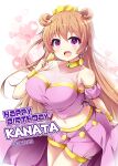  1girl bangs birthday breasts butterfly_(love_live!) character_name cleavage collarbone commentary crown dated earrings english_text happy_birthday heart jewelry konoe_kanata large_breasts long_hair looking_at_viewer love_live! love_live!_nijigasaki_high_school_idol_club midriff navel orange_hair purple_eyes see-through shiny shiny_hair short_shorts shorts sidelocks smile solo tekehiro 