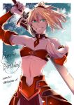  1girl armor armored_dress bandeau bare_shoulders blonde_hair blue_sky border braid breasts clarent_(fate) cloud dated detached_collar detached_sleeves fate/grand_order fate_(series) fingernails french_braid green_eyes hair_between_eyes happy_birthday highres long_fingernails mordred_(fate) navel outside_border over_shoulder red_scrunchie scrunchie shirin_(tsukimiyagura) short_hair sky small_breasts smile solo sword sword_over_shoulder twitter_username weapon weapon_over_shoulder white_border 