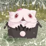  accessory anthro black_claws bow claws cocky fur grass hair_accessory hair_ribbon hi_res looking_at_viewer monster pink_body pink_fur plant red_eyes ribbons s_k_tesoro solo sparkles sparkling_eyes unknown_species 