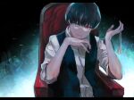  1boy absurdres bangs black_background black_hair black_vest chair eyepatch eyepatch_removed grey_eyes head_rest heterochromia highres holding_eyepatch kaneki_ken kyuuba_melo male_focus official_style red_eyes shirt short_hair sitting solo tokyo_ghoul vest white_background white_shirt 